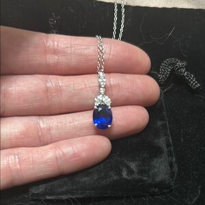 Elegant LC Sapphire & White Stone Pendant Necklace on 16” Silver Chain